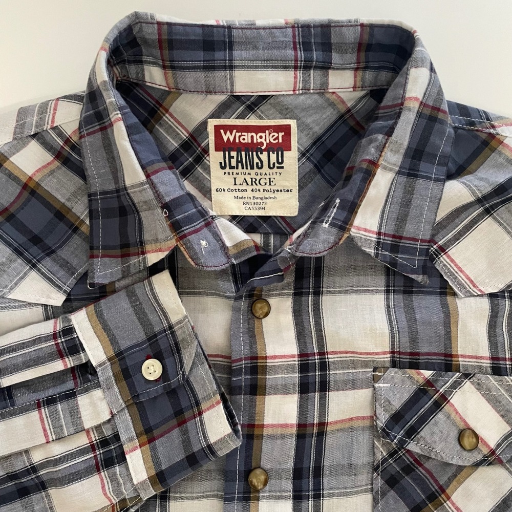 Wrangler Jeans Co Mens‎ Large Blue Plaid Western Snap Long Sleeve Shirt